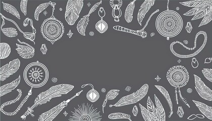 ボヘミアンなアクセサリーが並んだ線画