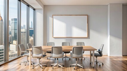 A modern office space features a bright meeting area with a large window offering a clear view of the city skyline.