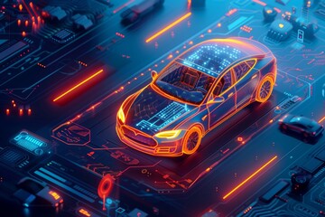 Generate an isometric view with 3D models, a scene of high performance monitoring of a microchip life in electric car, add futuristic look and feel, add data elements to the environment