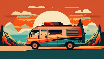 夕方の草原を走る車の景色