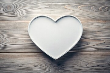 a heart-shaped white plate placed on a wooden surface. The wood has a light, natural finish with visible grain patterns, giving a rustic appearance. The plate is empty and centered in the image
