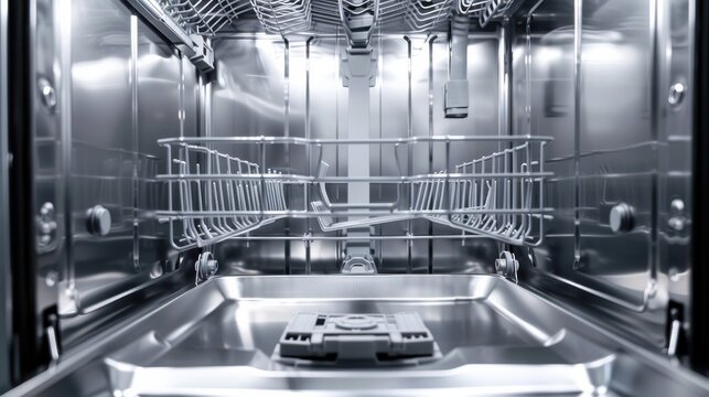 A spotless stainless-steel dishwasher viewed from the inside.