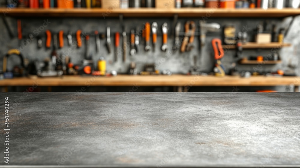 Poster a blank metal tabletop with blurred automotive tools and parts in the background.