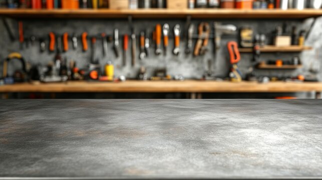 A blank metal tabletop with blurred automotive tools and parts in the background.