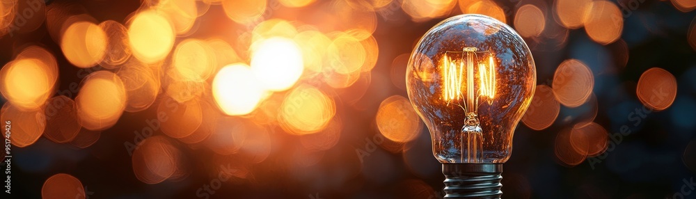 Poster a vintage light bulb illuminating a warm bokeh background, creating an inviting and artistic atmosph