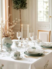 A silk tablecloth featuring chinoiserie motifs, adorned with ceramic decor. 