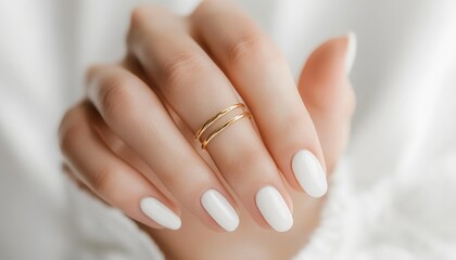 Close-up of a Hand with a Gold Ring and White Nails.