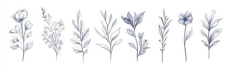 line art collection of botanical plants, flowers, and leaves in a continuous single stroke on a white background. 
