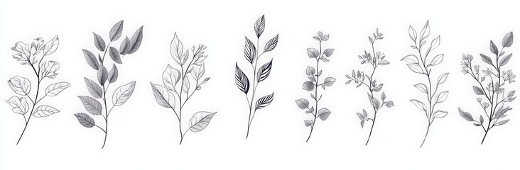 line art collection of botanical plants, flowers, and leaves in a continuous single stroke on a white background. 
