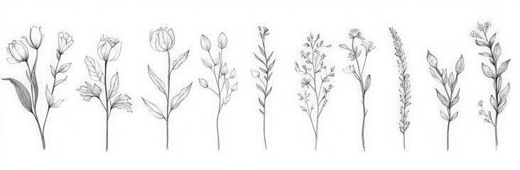 line art collection of botanical plants, flowers, and leaves in a continuous single stroke on a white background. 