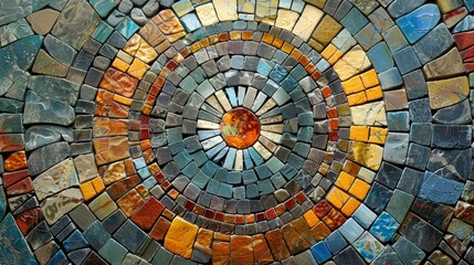 Fototapeta premium Detailed view of a mosaic tile, showcasing the intricate patterns and textured surface. The image captures the beauty and craftsmanship of the mosaic art.