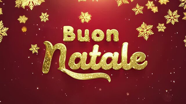 Golden "Buon Natale" text with sparkling stars on a red background, celebrating Christmas in Italian.. VIDEO
