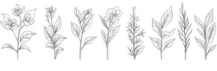 line art collection of botanical plants, flowers, and leaves in a continuous single stroke on a white background. 