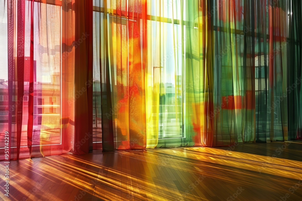 Canvas Prints Sunlight streaming through colorful curtains casting shadows on a hardwood floor