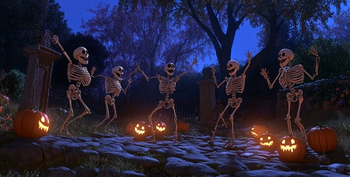 The animation shows a skeleton dancing in a cemetery disco at night.