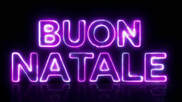 "Buon Natale" neon sign in bright purple against a dark background.. VIDEO
