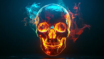 Neon Glowing Skull with Fiery Flames on a Dark Background
