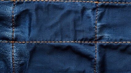 Fototapeta premium Close-up of blue quilted fabric with orange stitching.