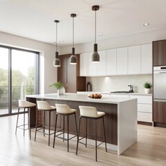 A modern kitchen and dining area is designed with a clean, minimalist aesthetic.