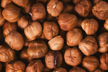 Roasted hazelnuts background top view