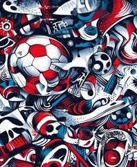 A vibrant, abstract illustration featuring soccer elements and dynamic patterns.