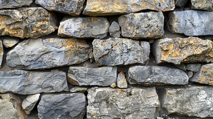Close-up of a stone wall, revealing the rough and weathered texture of the stones. The image highlights the durability and rustic charm of the wall.