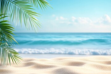 The tropical beach and palms are shown against a sea sky background with copy space. Vacation and travel concept.