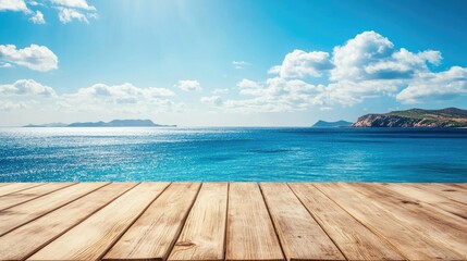 Fototapeta premium Wooden table on the background of the sea, island and the blue sky