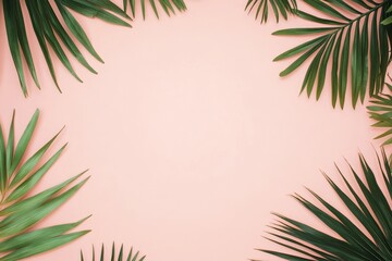 Fototapeta premium An illustration with tropical palm leaves on a pastel pink background. The concept is for the summer season, flat lay, top view, copy space