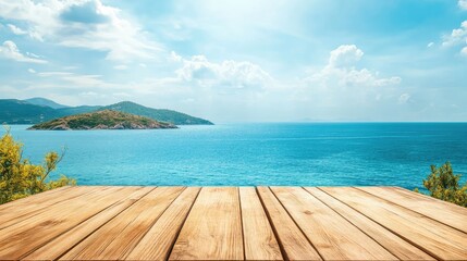 Fototapeta premium Wooden table on the background of the sea, island and the blue sky