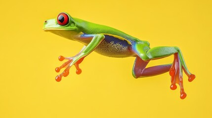 Fototapeta premium As it leaps high into the air, an Amazonian tree frog portrays its agile movements against a yellow background