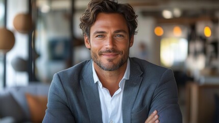 Fototapeta premium charismatic businessman portrait confident pose with folded arms crisp white backdrop highlights sharp attire and warm approachable smile embodying modern professionalism