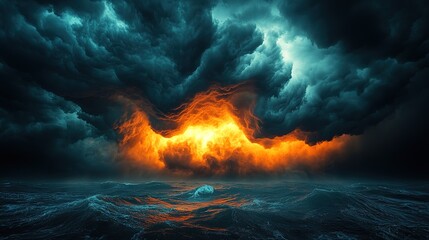 Fototapeta premium Dark cloudy sky before fiery thunderstorm background. Storm heaven.
