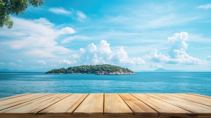 Obraz premium Wooden table on the background of the sea, island and the blue sky