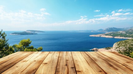 Fototapeta premium Wooden table on the background of the sea, island and the blue sky