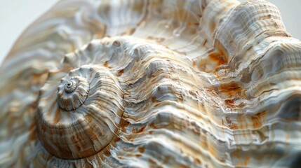 Detailed view of a seashell, showcasing the ridged texture and intricate patterns. The image captures the natural beauty and unique design of the shell.