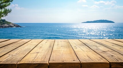 Fototapeta premium Wooden table on the background of the sea, island and the blue sky