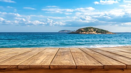 Obraz premium Wooden table on the background of the sea, island and the blue sky