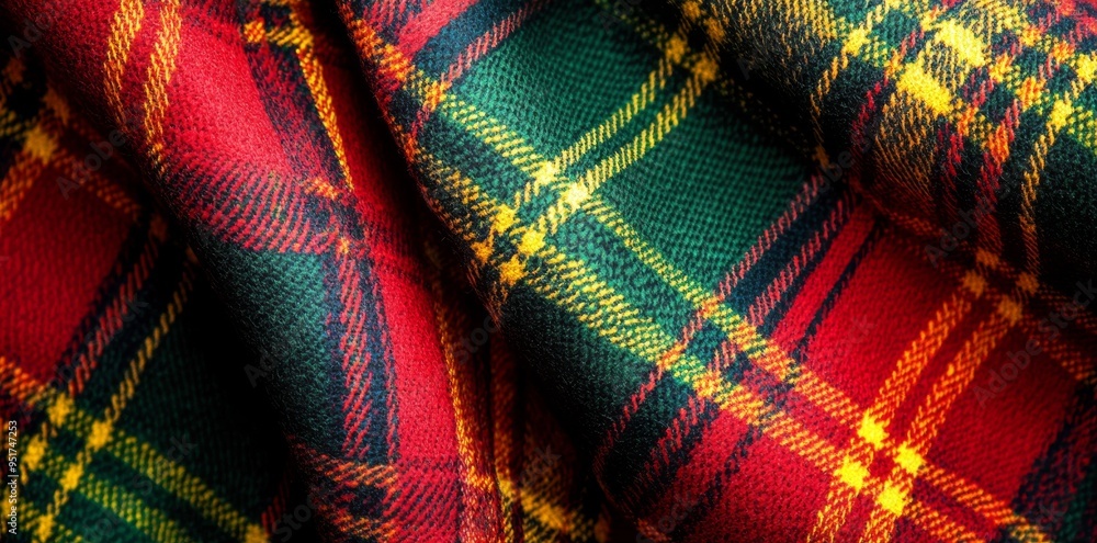Poster modern fabric textile background modern in lime and red colors with layers of plaid texture check. s
