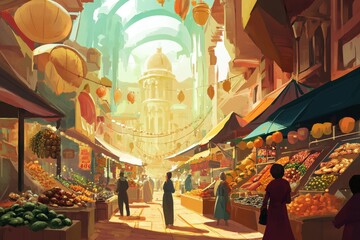 A bustling market street with colorful produce and a grand building in the distance