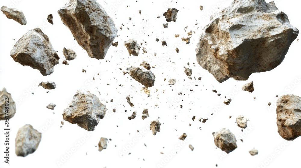 Poster a white background with very small stone particles exploding