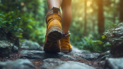 closeup of hiking boots on a forest trail viewed from behind a woman walker lush greenery and dappled sunlight create an immersive nature scene