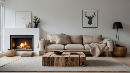 elegant minimalist design of a modern living room with a sofa and a coffee table in raw wood and a fireplace in the white wall