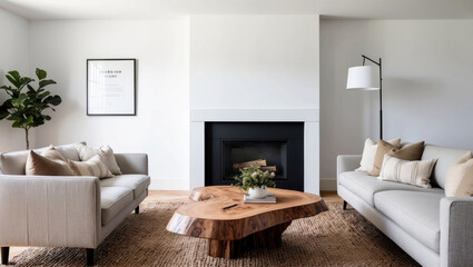 elegant minimalist design of a modern living room with a sofa and a coffee table in raw wood and a fireplace in the white wall