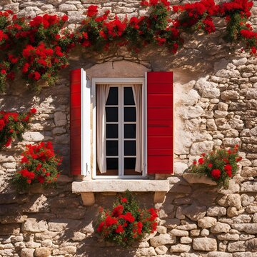 finestra di casa antica con imposte rosse e fiori rossi