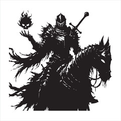 Black silhouette of a sinister knight without a head he will ride in plate armor and a ragged cloak, in his hands a huge sword and a fiery skull silhouette white background
