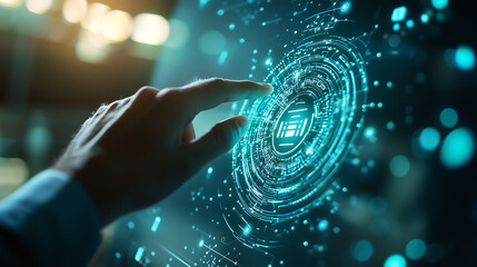 Hand touching a digital technology hologram icon on the screen, a business concept of futuristic data science and artificial intelligence in a virtual space background