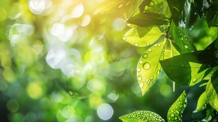 Detailed view of fresh green leaves adorned with dewdrops on a surface