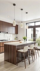 A modern kitchen and dining area is designed with a clean, minimalist aesthetic.