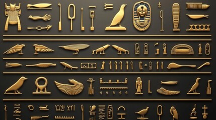 Old Egyptian hieroglyphs symbols on an ancient background. Wide historical background